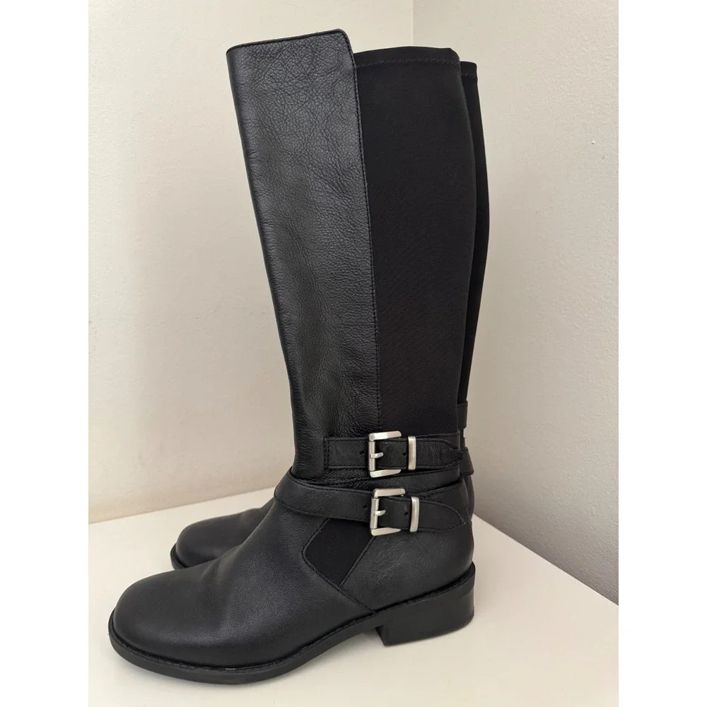 Me Too Denver Black Leather Tall Equestrian Western Buckle Boots Womens 7.5M